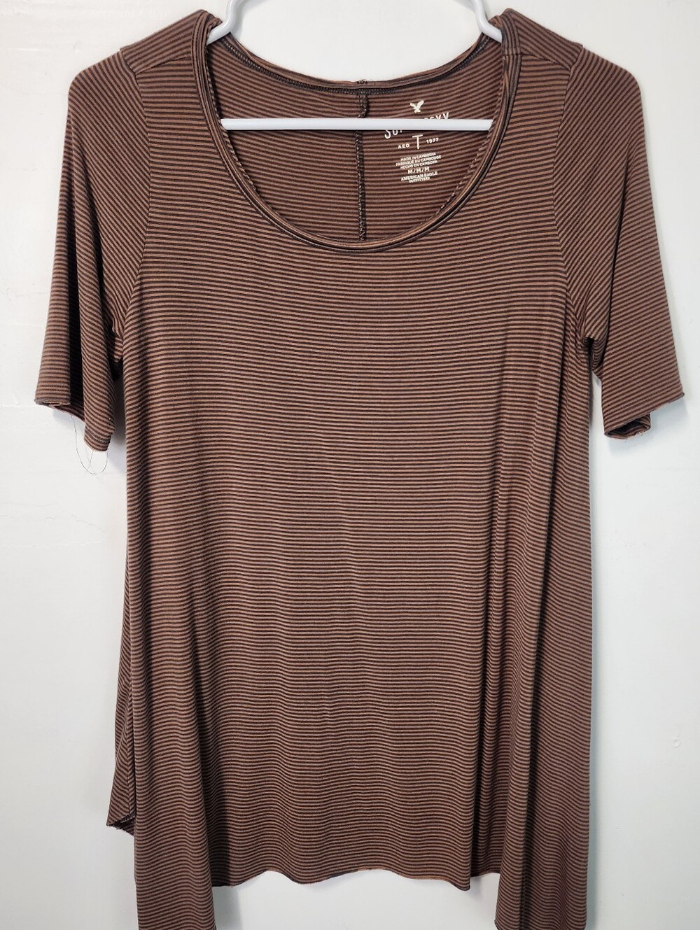 American Eagle Soft Tunic Top Brown Striped Scoop Neck Short Sleeve Sz Medium